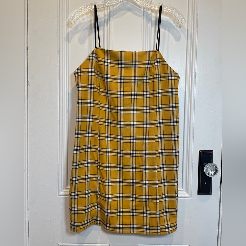 Urban Outfitter Yellow Plaid Spaghetti Strap    Slip Dress with Zipper - Size L